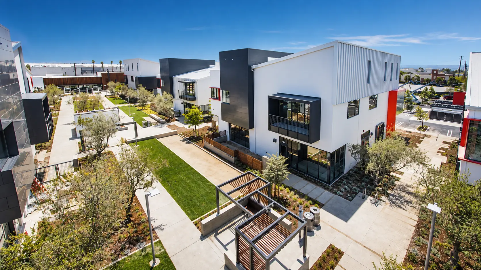 Woodwest office campus — modern buildings with landscaped walkways